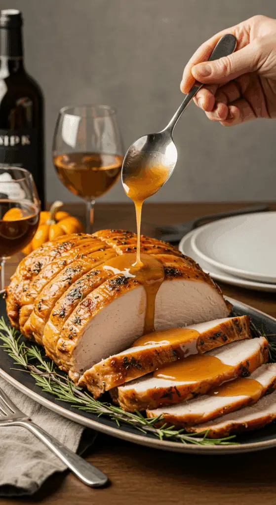 The beautiful, sliced Instant Pot Turkey Breast being served as the centerpiece of an elegant holiday dinner.