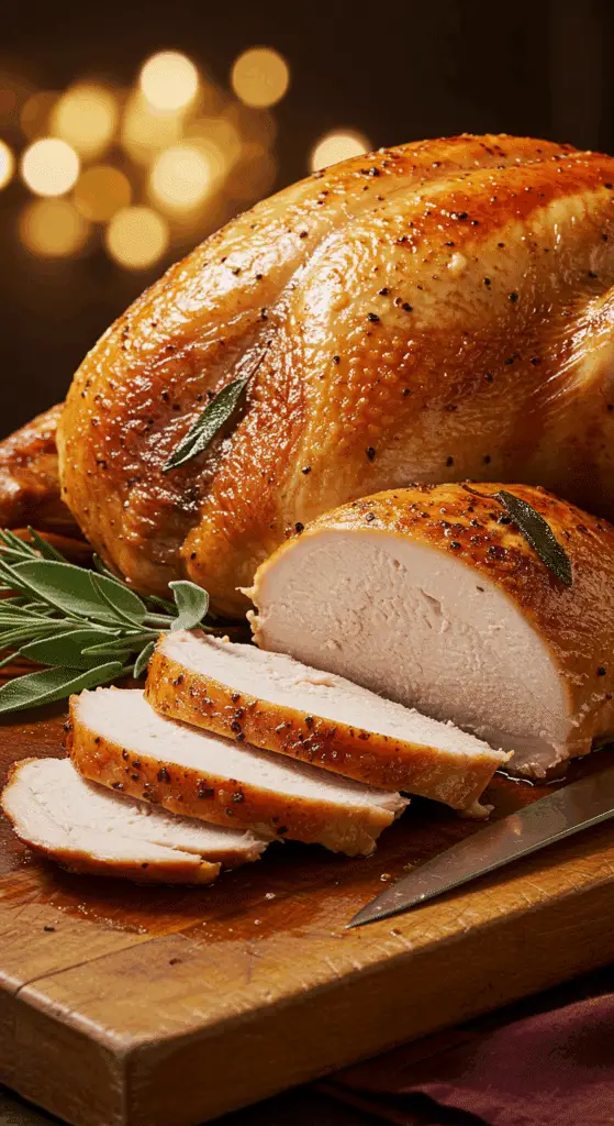 A stunning, perfectly golden-brown and juicy roasted turkey on a carving board, ready for a holiday feast.