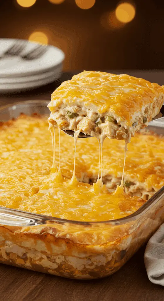 A beautiful, bubbly, golden-brown King Ranch Chicken Casserole with a perfect, layered slice being lifted out.