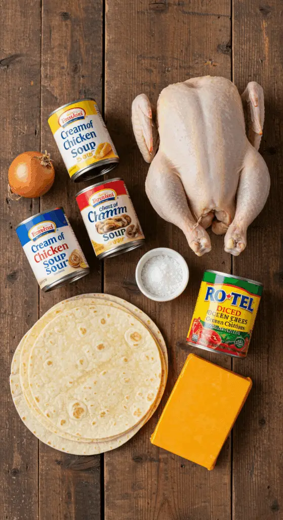 The simple, convenient ingredients for the easy King Ranch Chicken Casserole recipe.