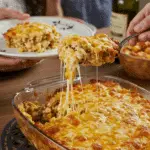 Serving a large, cheesy scoop of King Ranch Chicken Casserole at a family potluck.