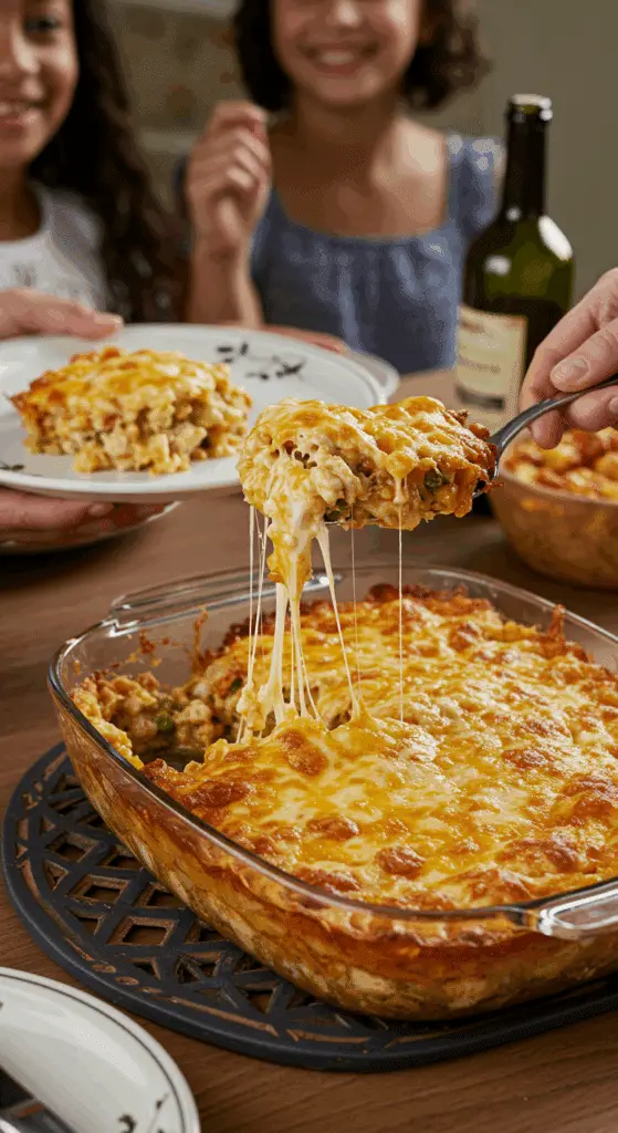 Serving a large, cheesy scoop of King Ranch Chicken Casserole at a family potluck.