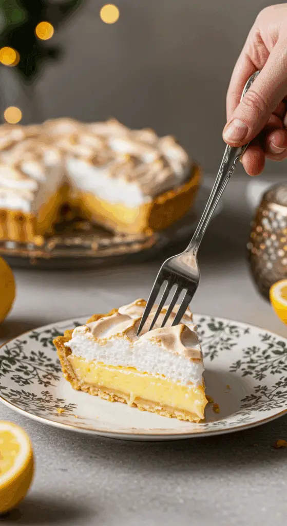 A beautiful, tall slice of homemade Lemon Meringue Pie being served as dessert at a festive dinner party.