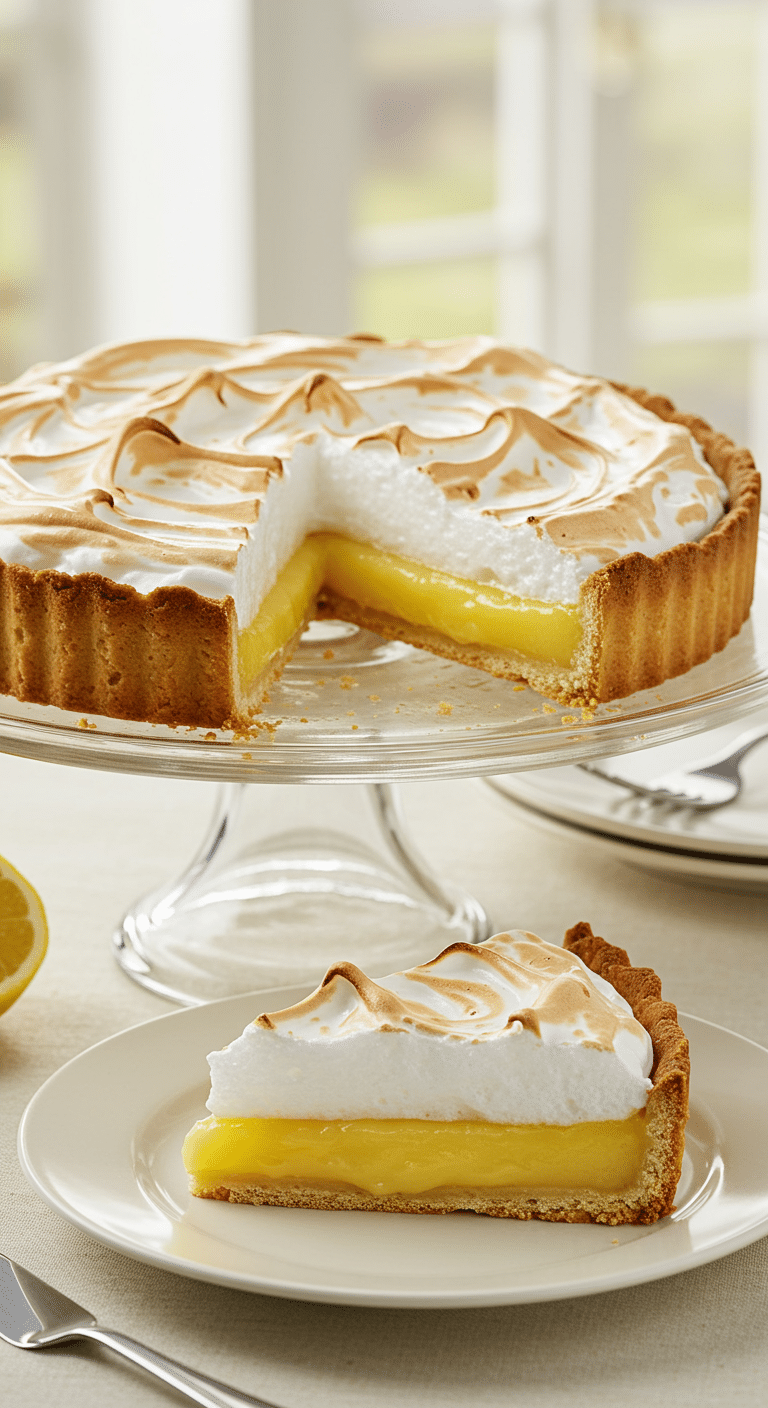 A beautiful, homemade Lemon Meringue Pie with a tall, toasted Swiss meringue topping and a perfect slice removed.