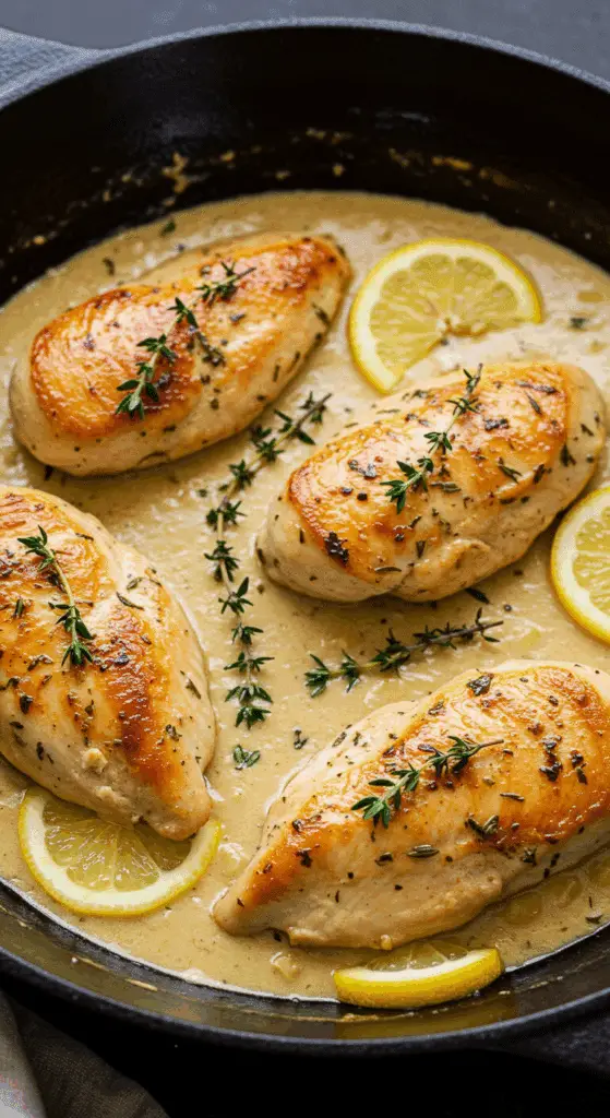 A beautiful, rustic cast-iron skillet of homemade, golden-brown Creamy Lemon Thyme Chicken in a luscious cream sauce.