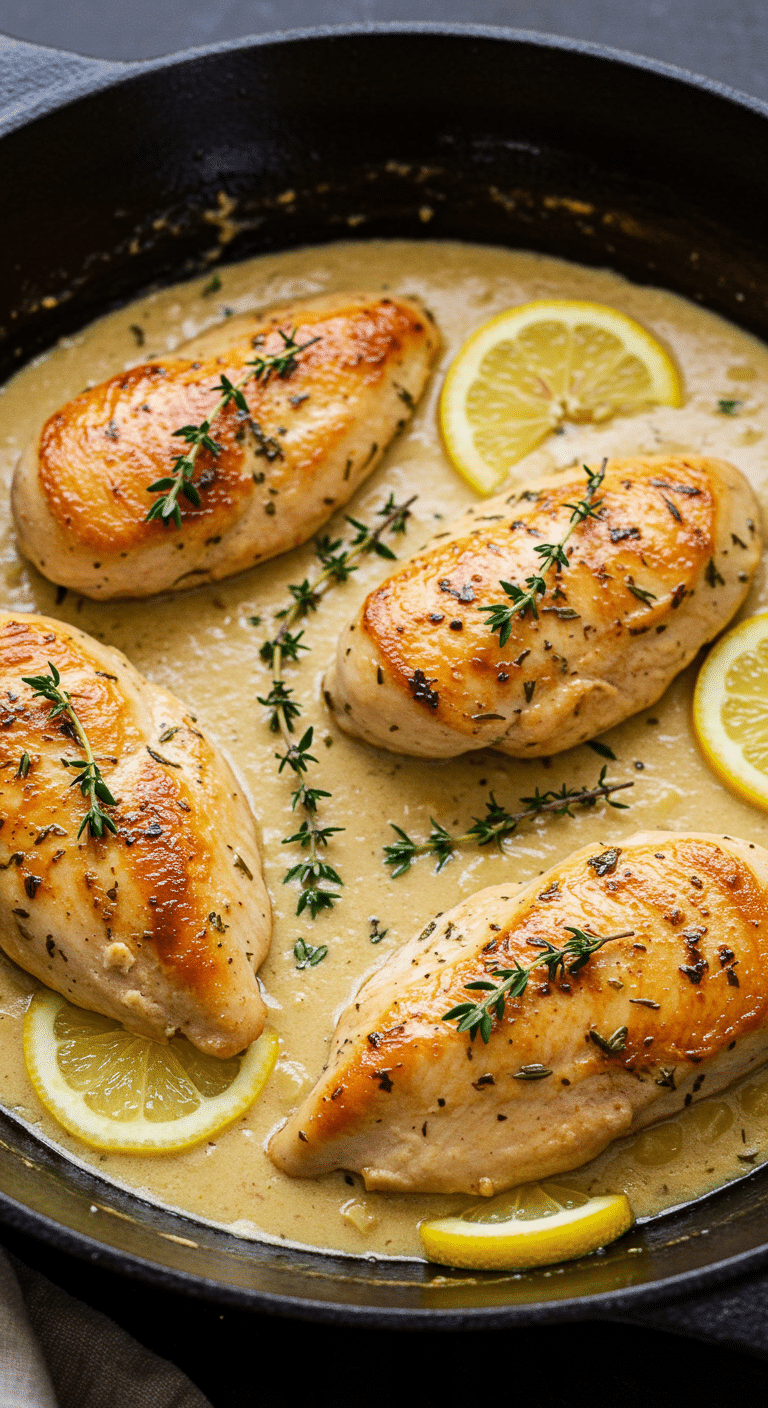 A beautiful, rustic cast-iron skillet of homemade, golden-brown Creamy Lemon Thyme Chicken in a luscious cream sauce.