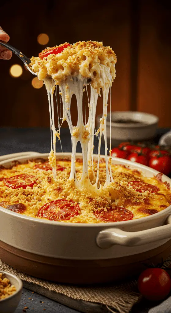 A beautiful, golden-brown, gourmet baked Macaroni and Cheese with an epic, stretchy cheese pull.