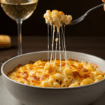 An elegant, single serving of gourmet Macaroni and Cheese being enjoyed at a dinner party.