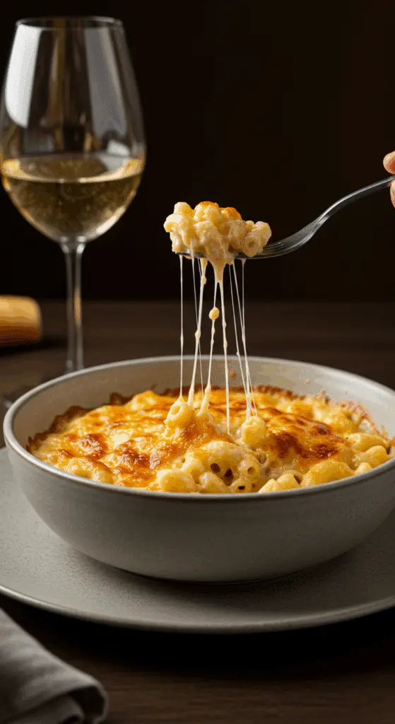 An elegant, single serving of gourmet Macaroni and Cheese being enjoyed at a dinner party.