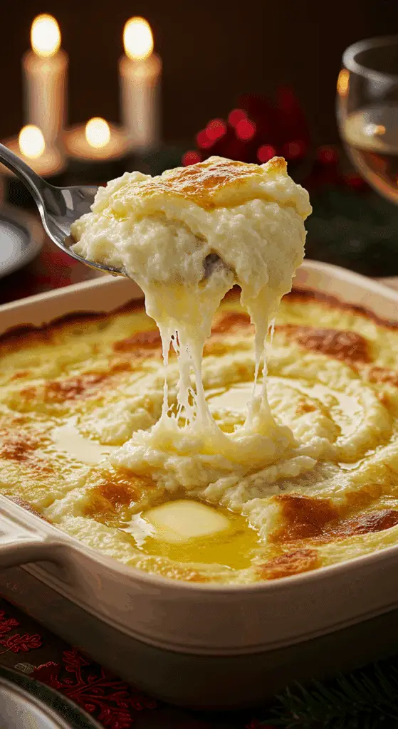 A beautiful, golden-brown, baked Creamy Mashed Potato Casserole with a scoop being lifted out to show the creamy texture.