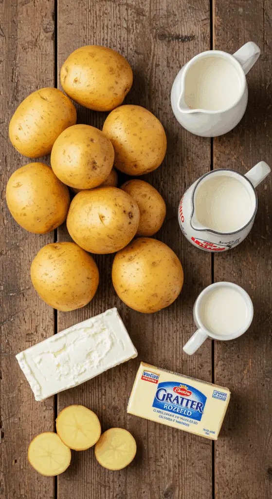 The simple, rich ingredients for the Creamy Mashed Potatoes recipe, including Yukon Gold potatoes and cream cheese.