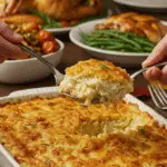 The beautiful, golden-brown Mashed Potato Casserole being served as a centerpiece on a festive Thanksgiving dinner table.