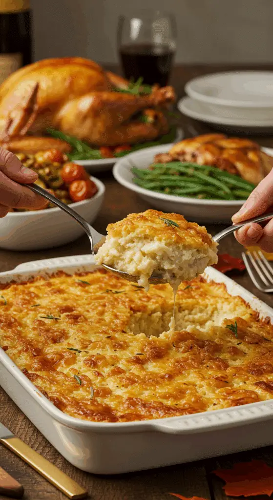 The beautiful, golden-brown Mashed Potato Casserole being served as a centerpiece on a festive Thanksgiving dinner table.