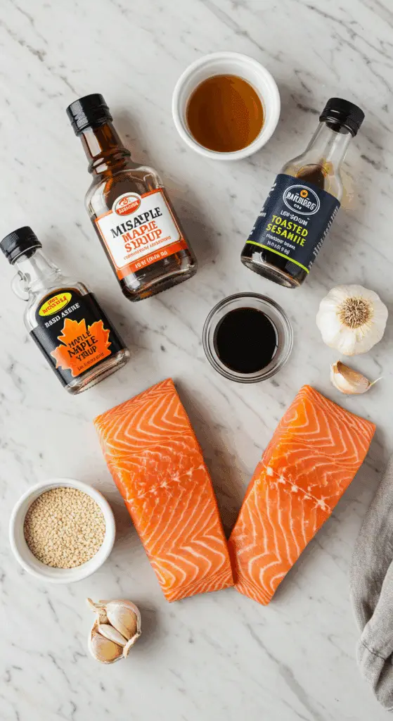 The simple, fresh ingredients for the easy and healthy Maple Sesame Salmon recipe.
