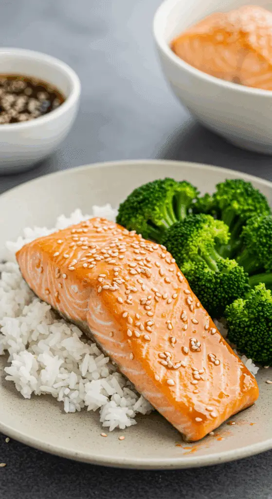 A beautiful and healthy dinner plate of homemade Maple Sesame Salmon served with fluffy white rice and steamed broccoli.