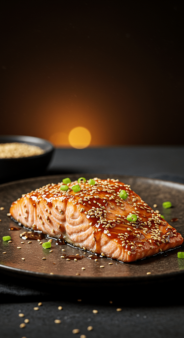 A beautiful, single fillet of homemade, baked Maple Sesame Salmon, covered in a glossy glaze and a thick crust of sesame seeds.
