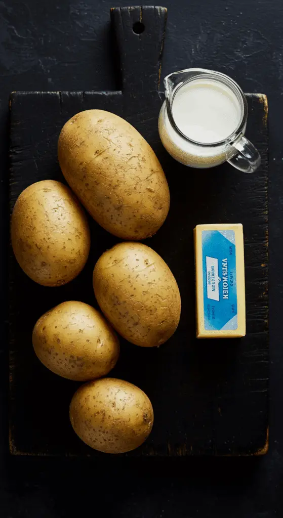 The three simple, classic ingredients for The Best Mashed Potatoes recipe: Russet potatoes, butter, and cream.