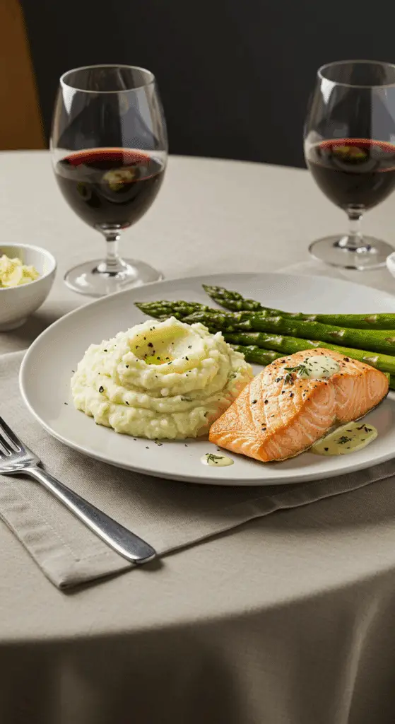 An elegant dinner plate with a perfect scoop of creamy mashed potatoes served next to a seared salmon fillet.