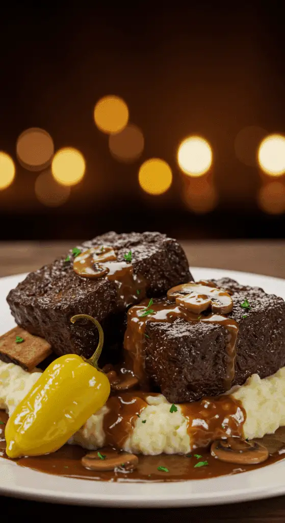 A beautiful plate of tender, fall-off-the-bone Mississippi Beef Short Ribs served over mashed potatoes with a rich gravy.