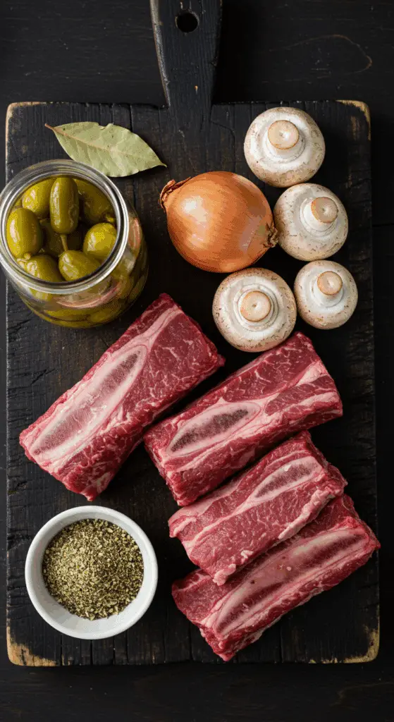 The rustic, fresh ingredients for the Mississippi Beef Short Ribs recipe.