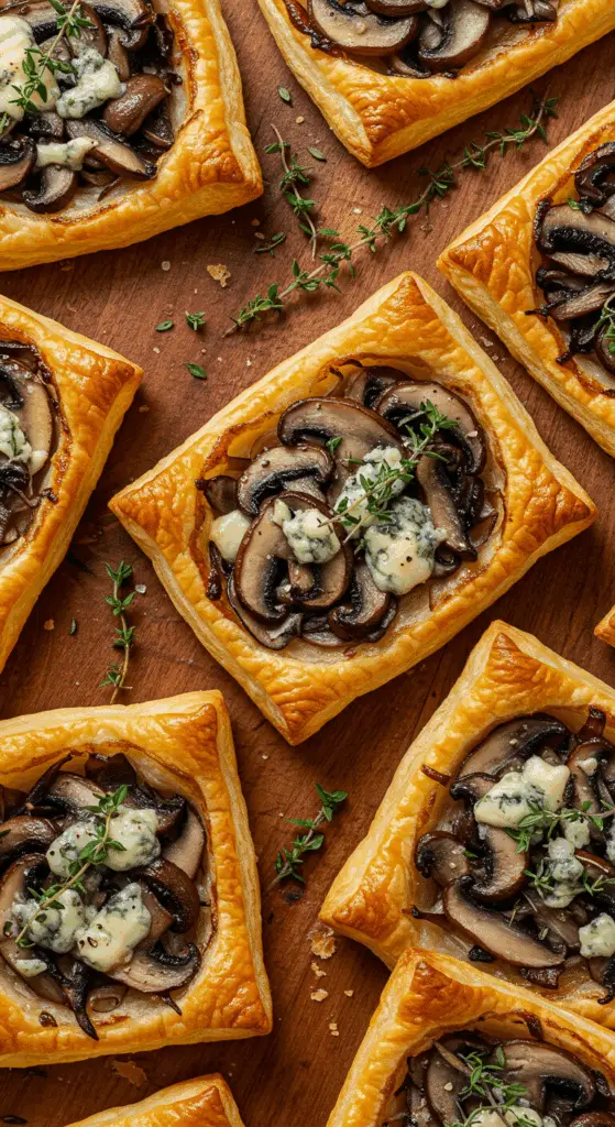 A beautiful platter of homemade, golden-brown, and flaky Mushroom Puff Pastry Tarts with gorgonzola cheese.