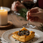An elegant, individual Mushroom Puff Pastry Tart being served as an appetizer with a glass of wine at a party.