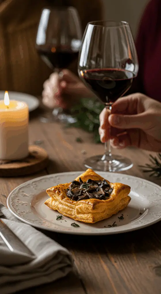 An elegant, individual Mushroom Puff Pastry Tart being served as an appetizer with a glass of wine at a party.