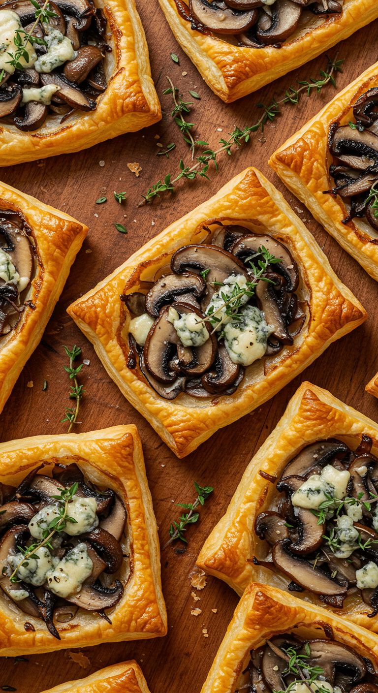 A beautiful platter of homemade, golden-brown, and flaky Mushroom Puff Pastry Tarts with gorgonzola cheese.
