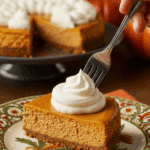 A beautiful slice of Instant Pot Pumpkin Cheesecake with a swirl of whipped cream being served for a holiday dessert.