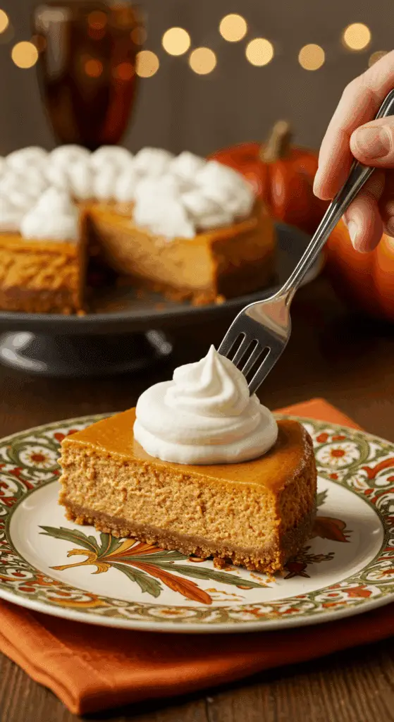 A beautiful slice of Instant Pot Pumpkin Cheesecake with a swirl of whipped cream being served for a holiday dessert.