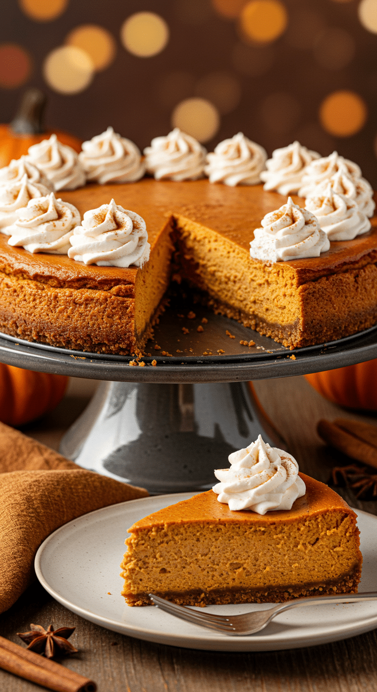 A beautiful, perfect, and crack-free homemade Instant Pot Pumpkin Cheesecake on a cake stand with a slice removed.