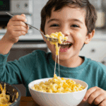 A happy child eagerly eating a large, creamy bowl of homemade One-Pot Macaroni and Cheese.