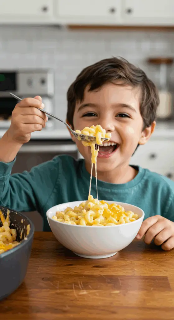 A happy child eagerly eating a large, creamy bowl of homemade One-Pot Macaroni and Cheese.