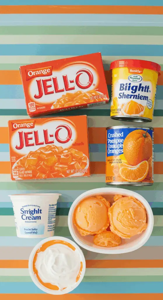The simple, classic, and fun ingredients for the easy, no-bake Orange Jello Salad recipe.