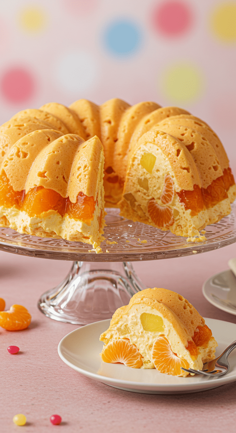 A beautiful, perfectly unmolded, homemade Orange Jello Salad on a glass cake stand with a creamy slice removed.