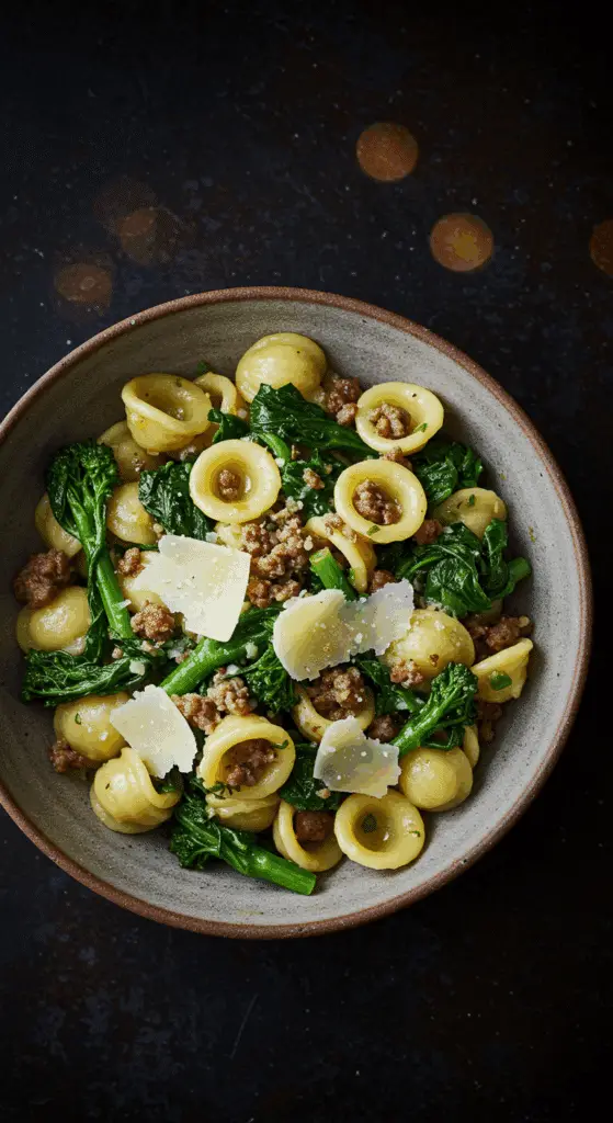 A beautiful, rustic bowl of homemade, authentic Orecchiette with Sausage and Broccoli Rabe, garnished with shaved Parmesan.
