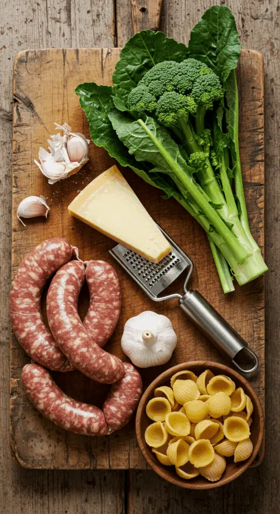 The fresh, from-scratch ingredients for the classic, authentic Orecchiette with Sausage and Broccoli Rabe recipe.