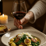 An elegant bowl of homemade, creamy Orecchiette with Sausage and Broccoli Rabe being served at a sophisticated dinner party.