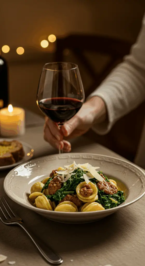 An elegant bowl of homemade, creamy Orecchiette with Sausage and Broccoli Rabe being served at a sophisticated dinner party.