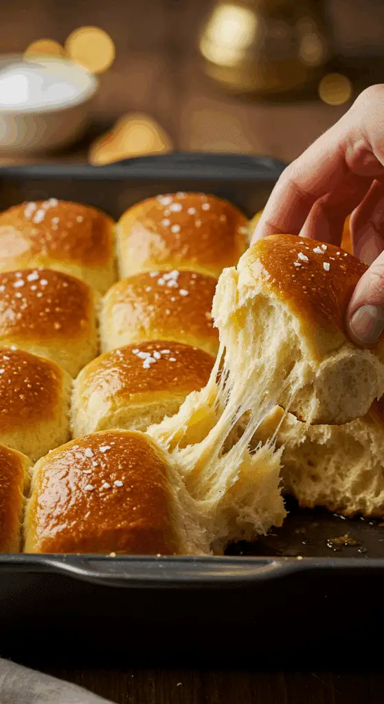 A beautiful pan of golden-brown, homemade pull-apart Parker House Rolls with a hand pulling one away.