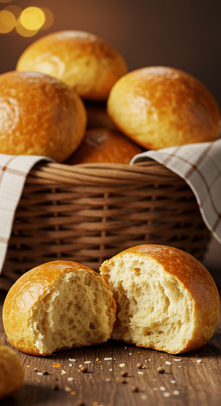A beautiful basket of warm, golden-brown, and fluffy homemade Parker House Rolls, with one broken open to show the soft inside.