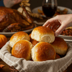 A warm basket of homemade Parker House Rolls being served at a festive Thanksgiving dinner.