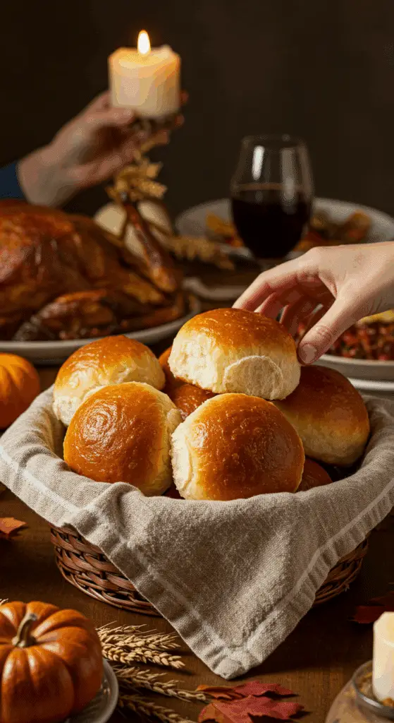 A warm basket of homemade Parker House Rolls being served at a festive Thanksgiving dinner.