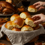 A warm pan of homemade Parker House Rolls being served at a festive Thanksgiving dinner.