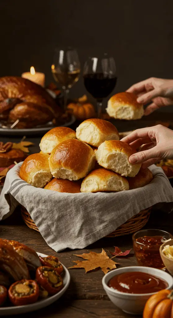 A warm pan of homemade Parker House Rolls being served at a festive Thanksgiving dinner.