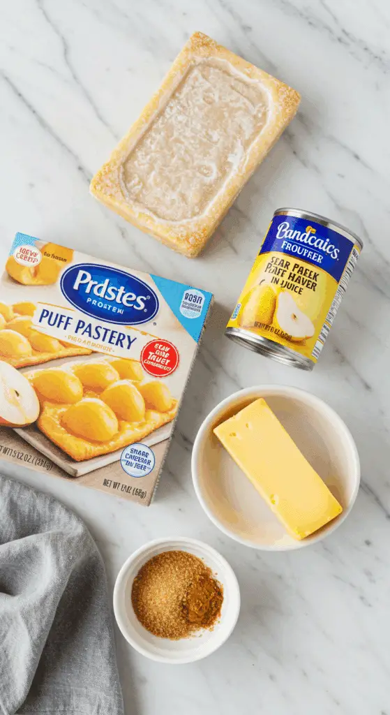 The simple, convenient ingredients for the easy and quick Pear Tart recipe.