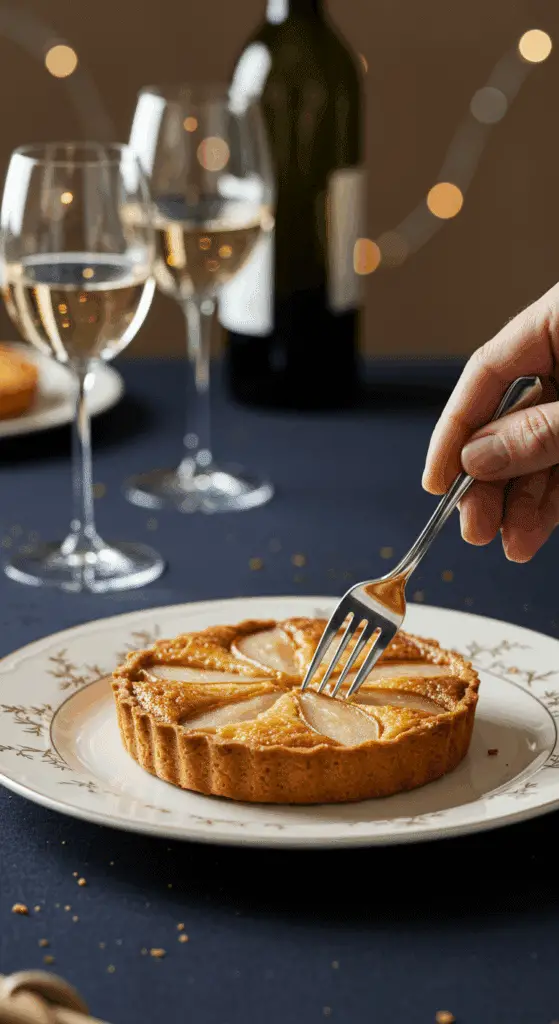 An elegant, individual Quick Pear Tart being served on a plate at a sophisticated dinner party.