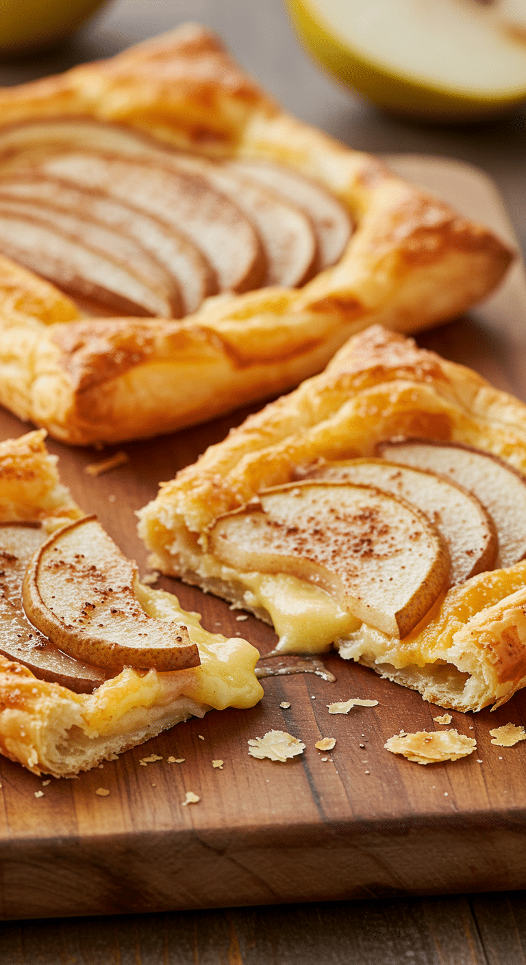A beautiful platter of three golden-brown, homemade Quick Pear Tarts with melted cheddar cheese on top.