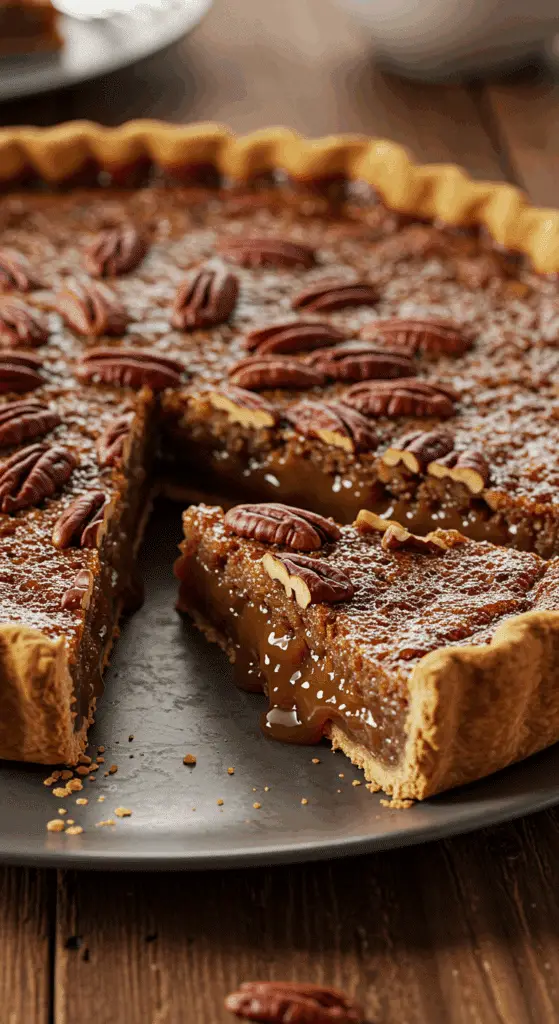 A beautiful, golden-brown homemade Pecan Pie with a flaky crust and a perfect slice removed to show the gooey caramel filling.