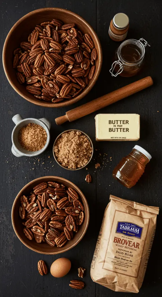 The abundant, classic ingredients for the large-batch Pecan Pie Bars recipe.